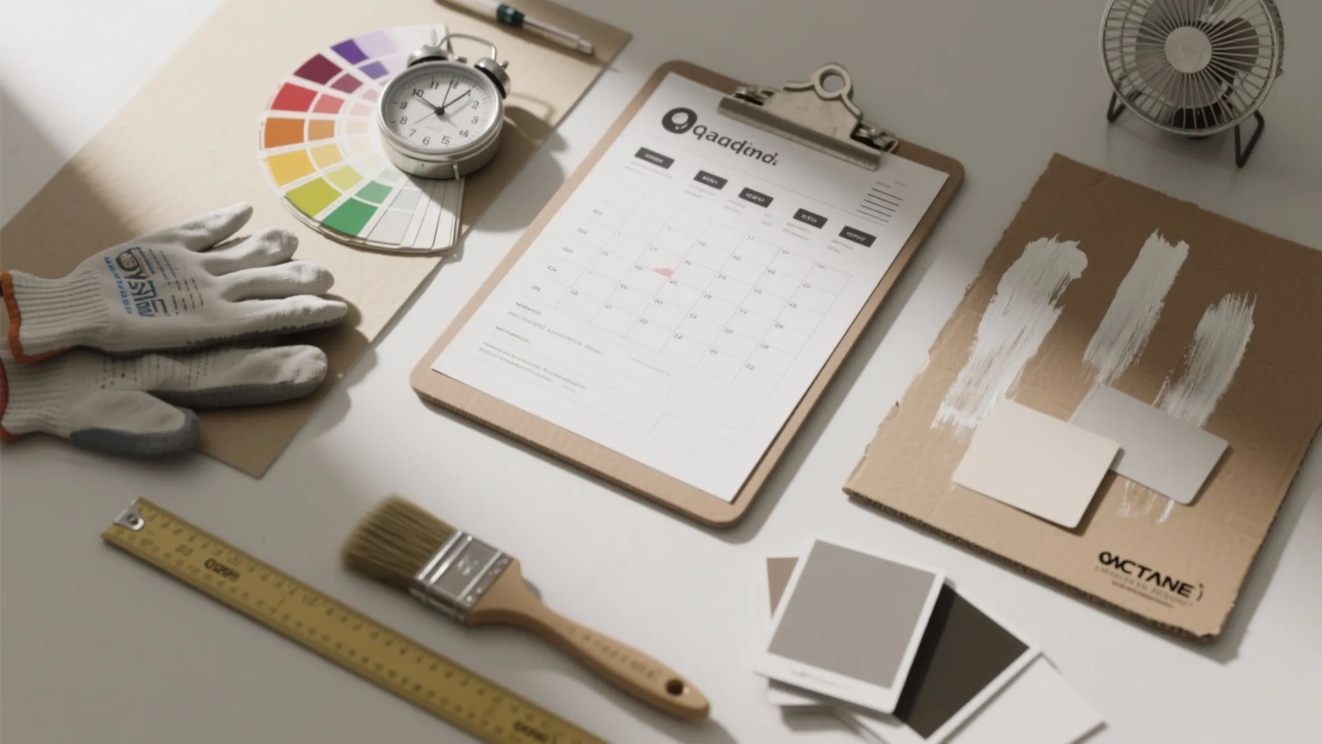 Painting tools on desk including color wheel clipboard calendar alarm clock gloves ruler and brush