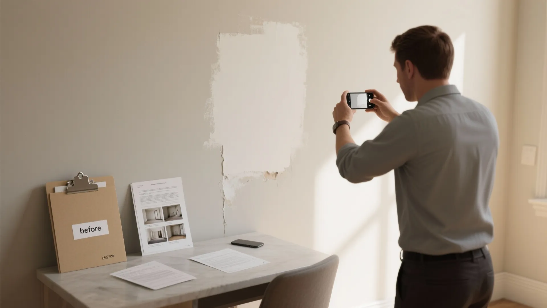 A man uses a phone to take photos of a damaged wall for home repair documentation