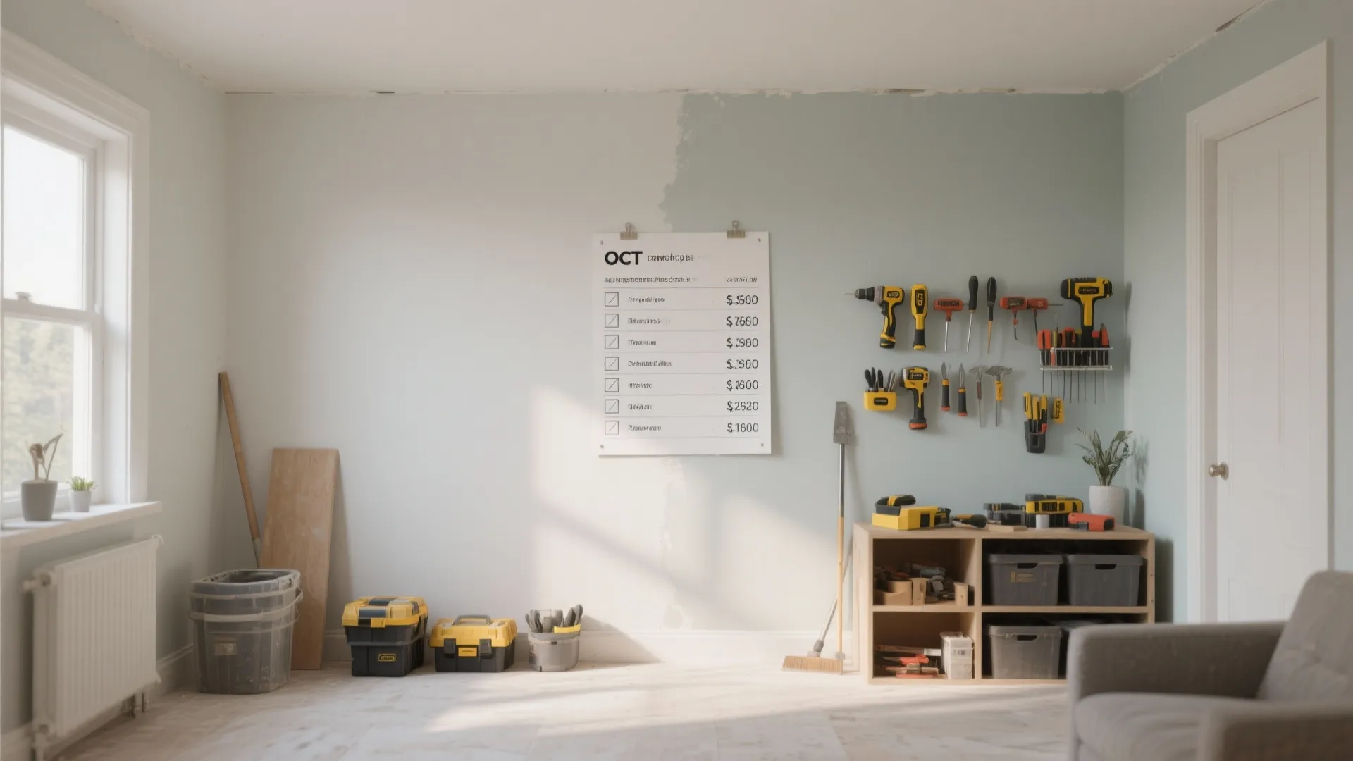 Room renovation scene with a cost list on the wall and various home repair tools
