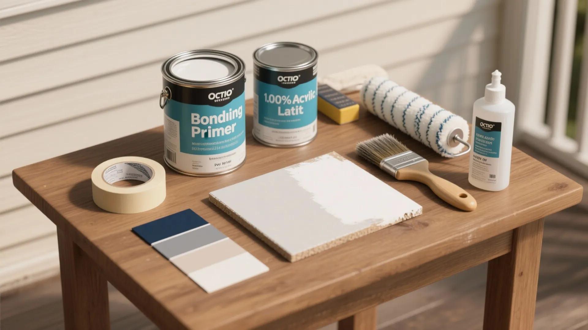 Two paint cans, a brush, a roller, tape, and color swatches on a wooden table