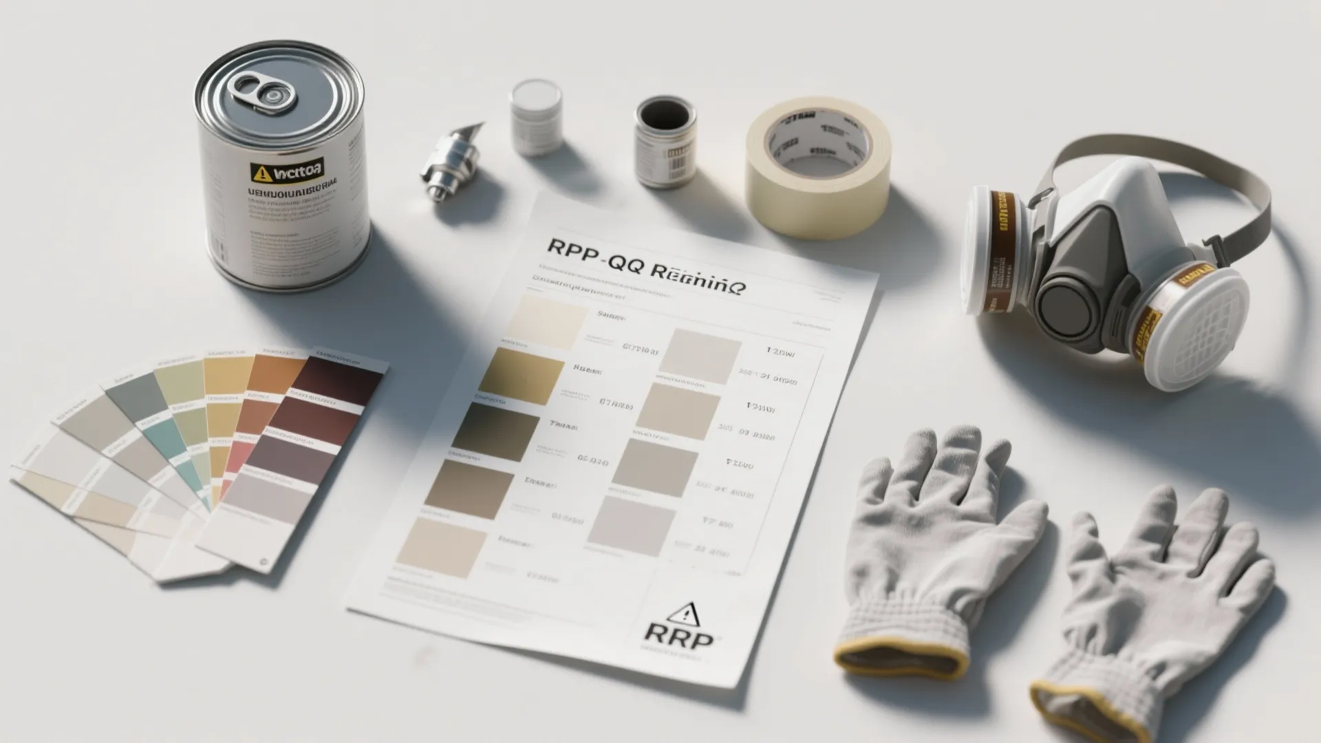 Flatlay of paint swatches, nozzle chart, sample cans, masking tape and safety gear for exterior painting FAQs.