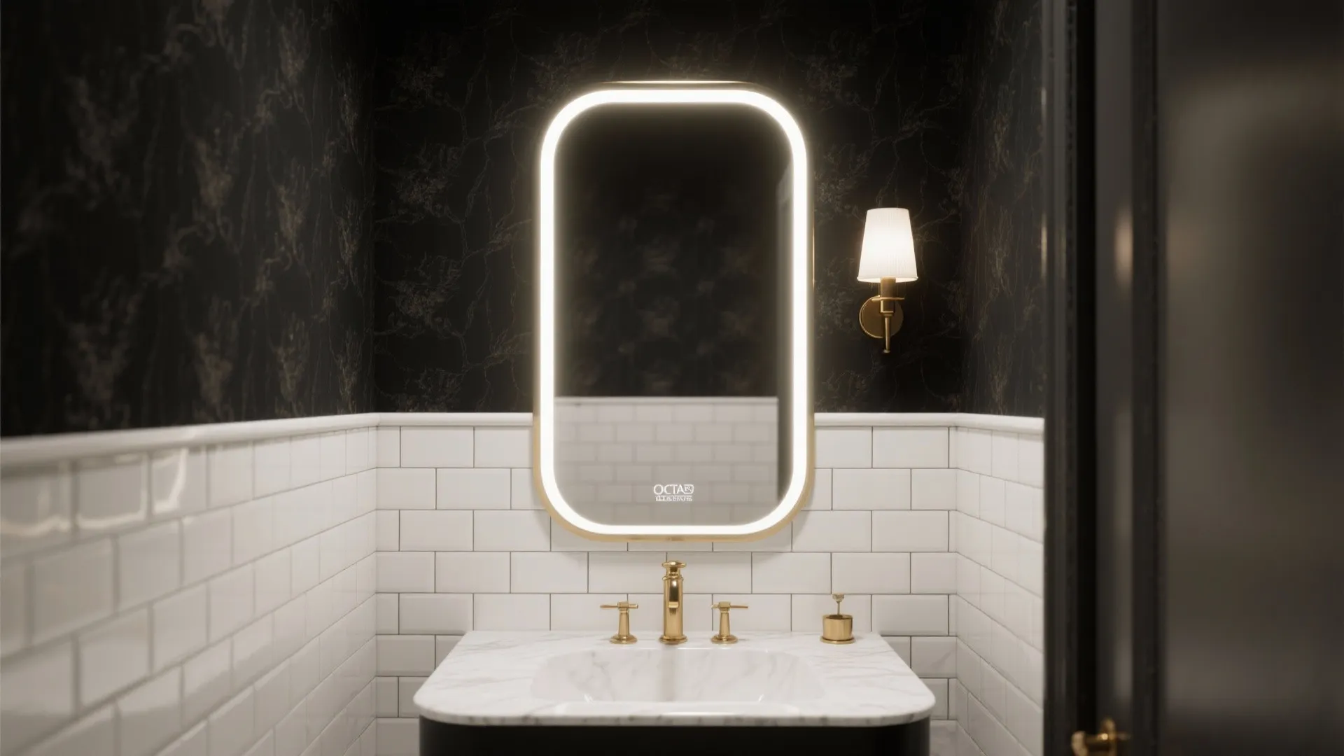 Modern bathroom vanity with glowing mirror gold faucet white wall tiles dark wallpaper and light