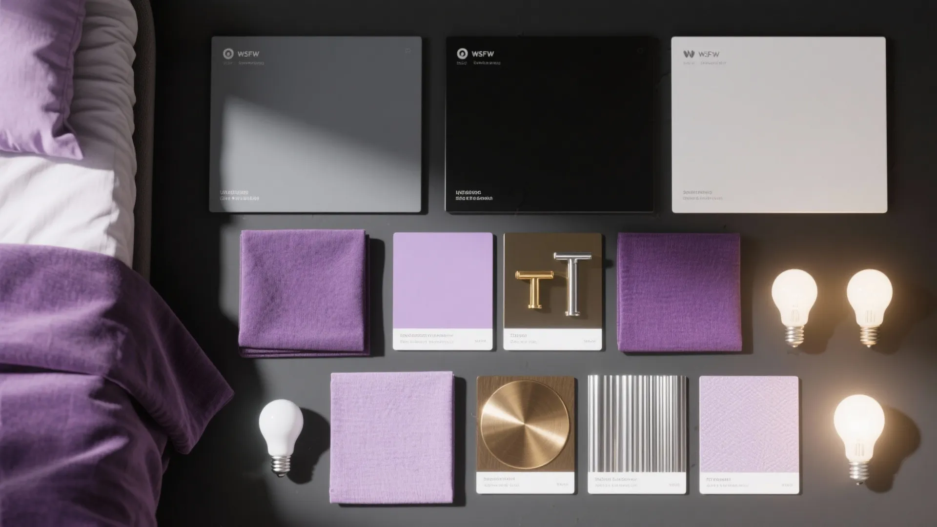 Interior design mood board with purple fabric samples metal hardware and three warm light bulbs