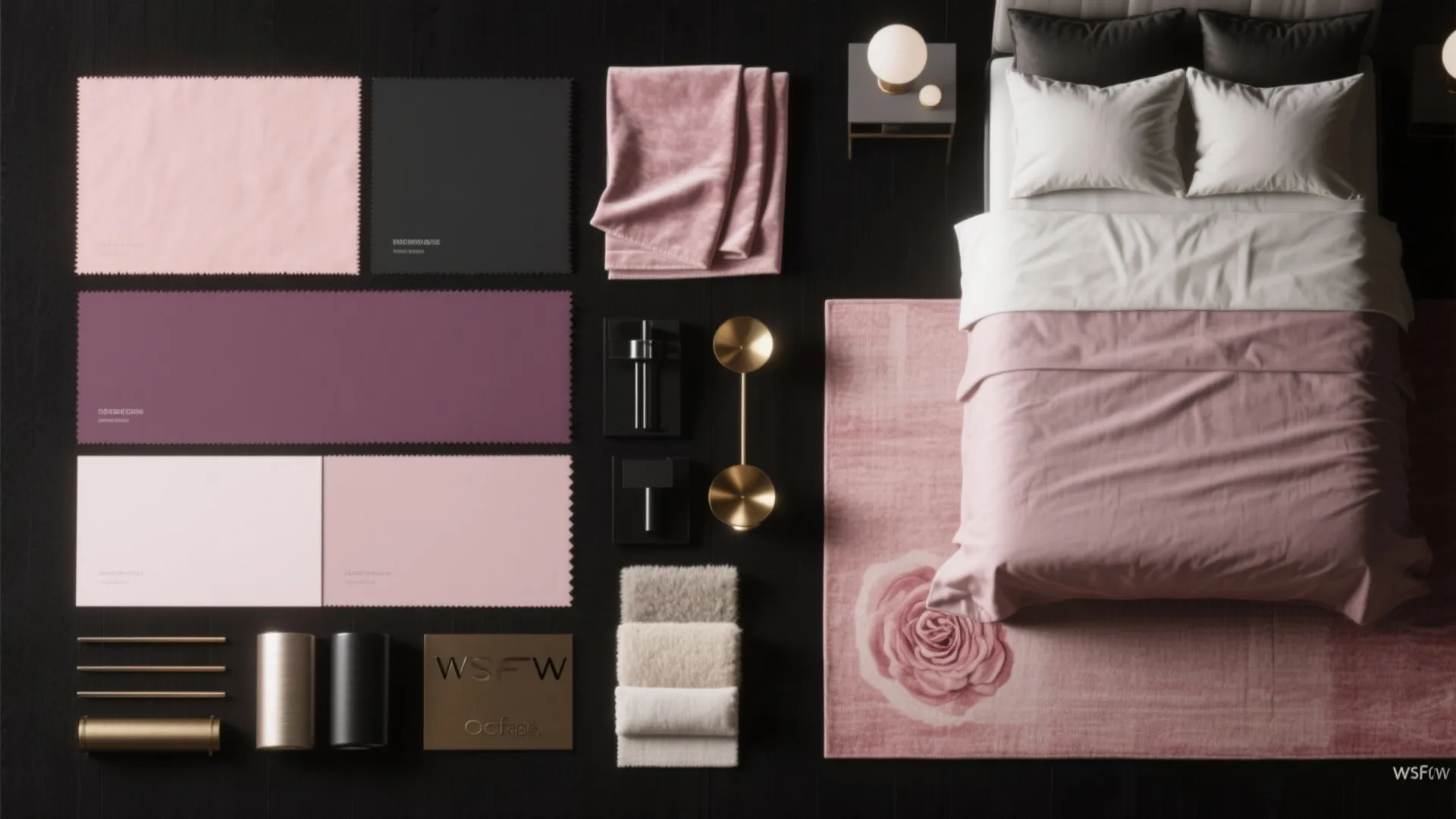 Top view of bedroom design mood board with pink color swatches rug fabrics and furniture