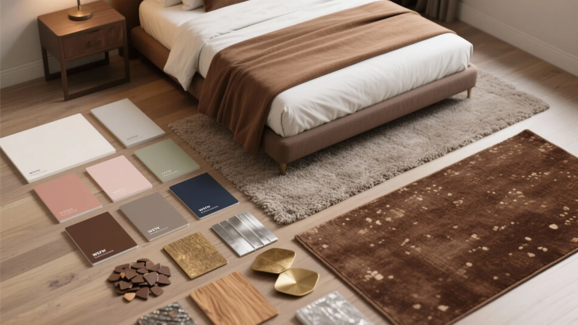 Bedroom floor showing various color palette cards and material samples next to a brown rug