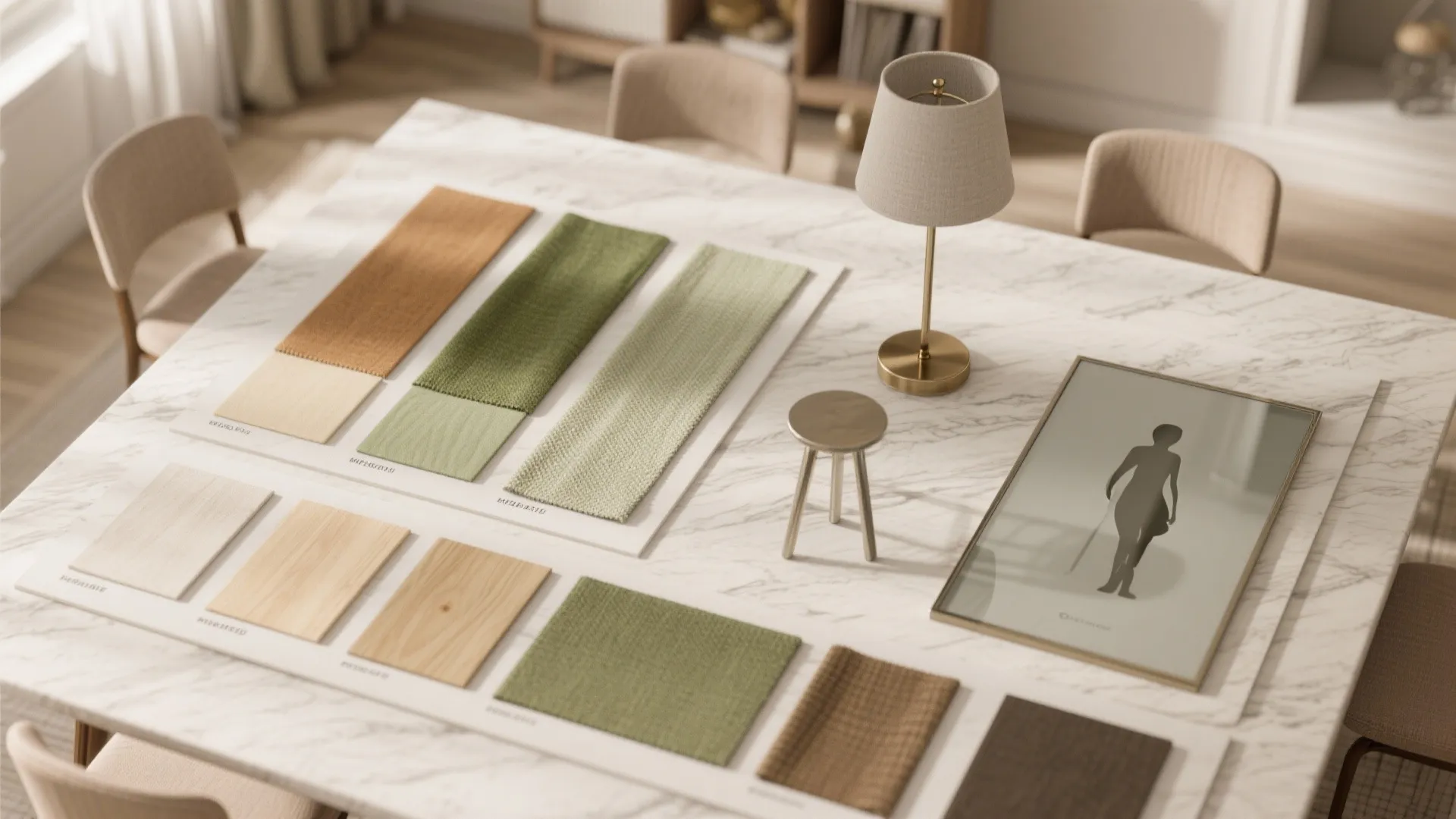 Interior design mood board on marble table with green fabric samples wood pieces and lamp
