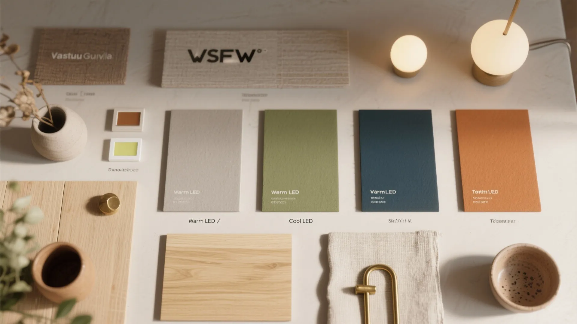 Interior design mood board with colorful material samples, wood blocks, fabric pieces, and table lights