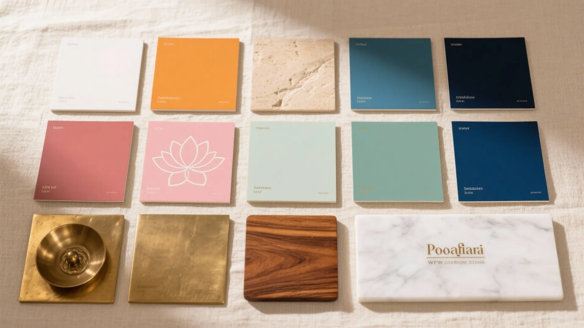 Collection of colorful material samples including wood marble and metal on a light textured cloth background