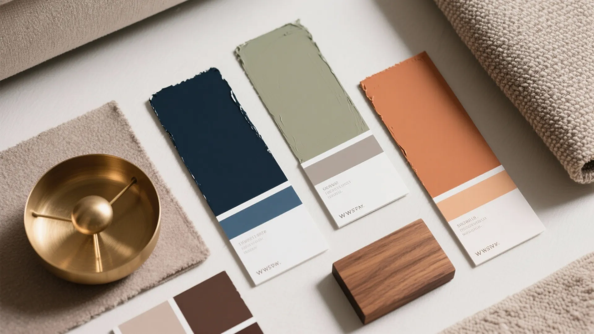 Interior design color palette with blue green and orange paint swatches next to fabric samples