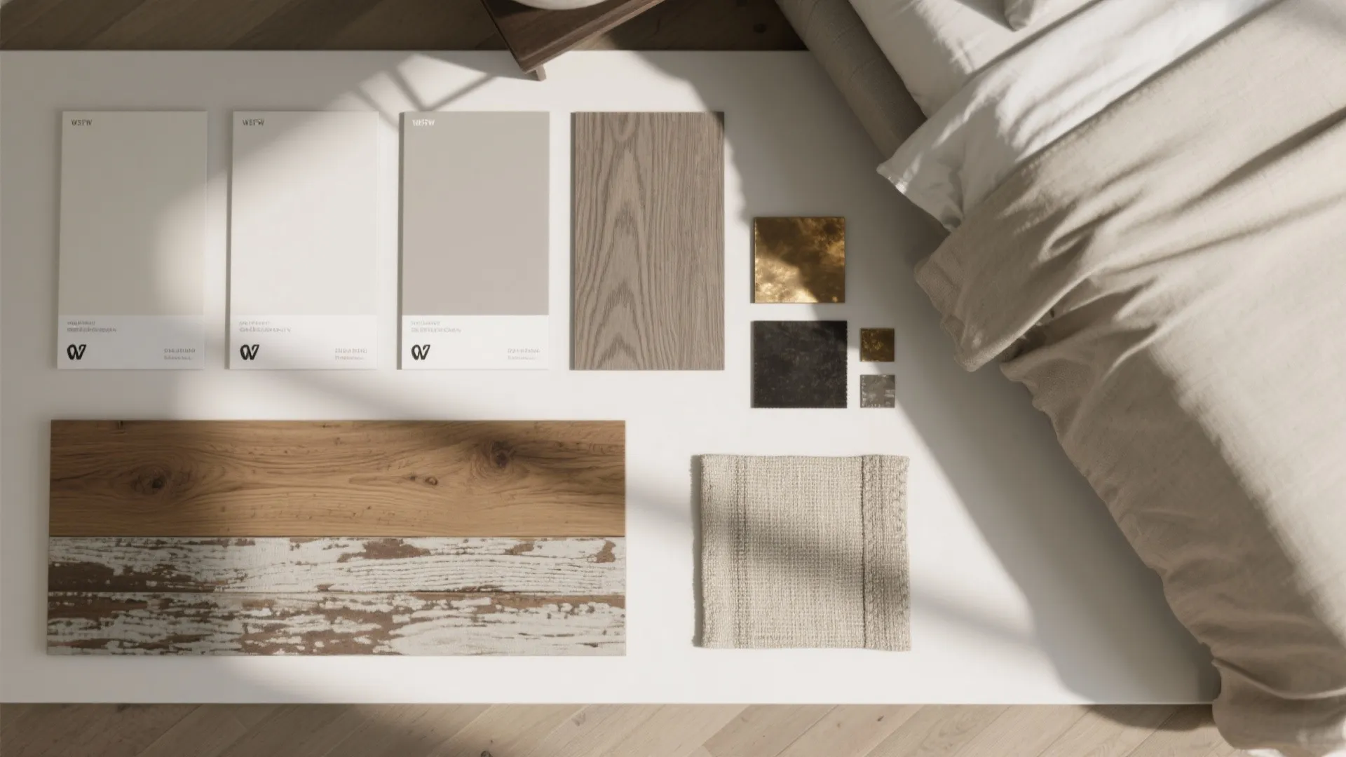 Interior design mood board with color swatches, wood samples, fabric pieces, and a beige bed