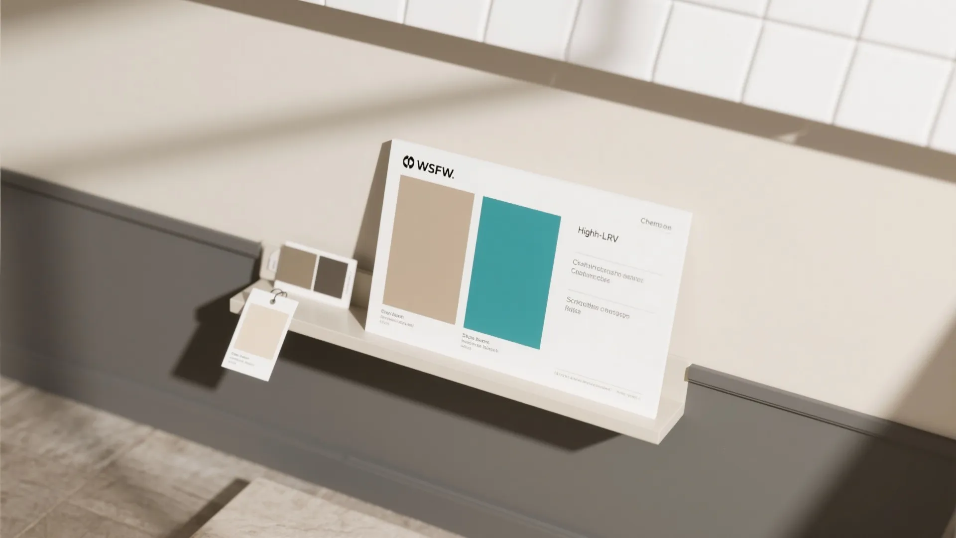 Interior design palette card showing beige and teal colors on a small wall shelf display