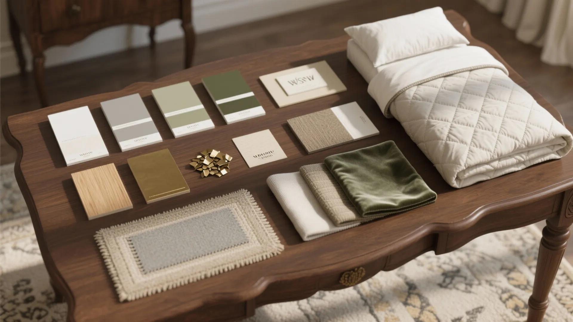 Interior design mood board with color swatches fabric samples and wood pieces on wooden table