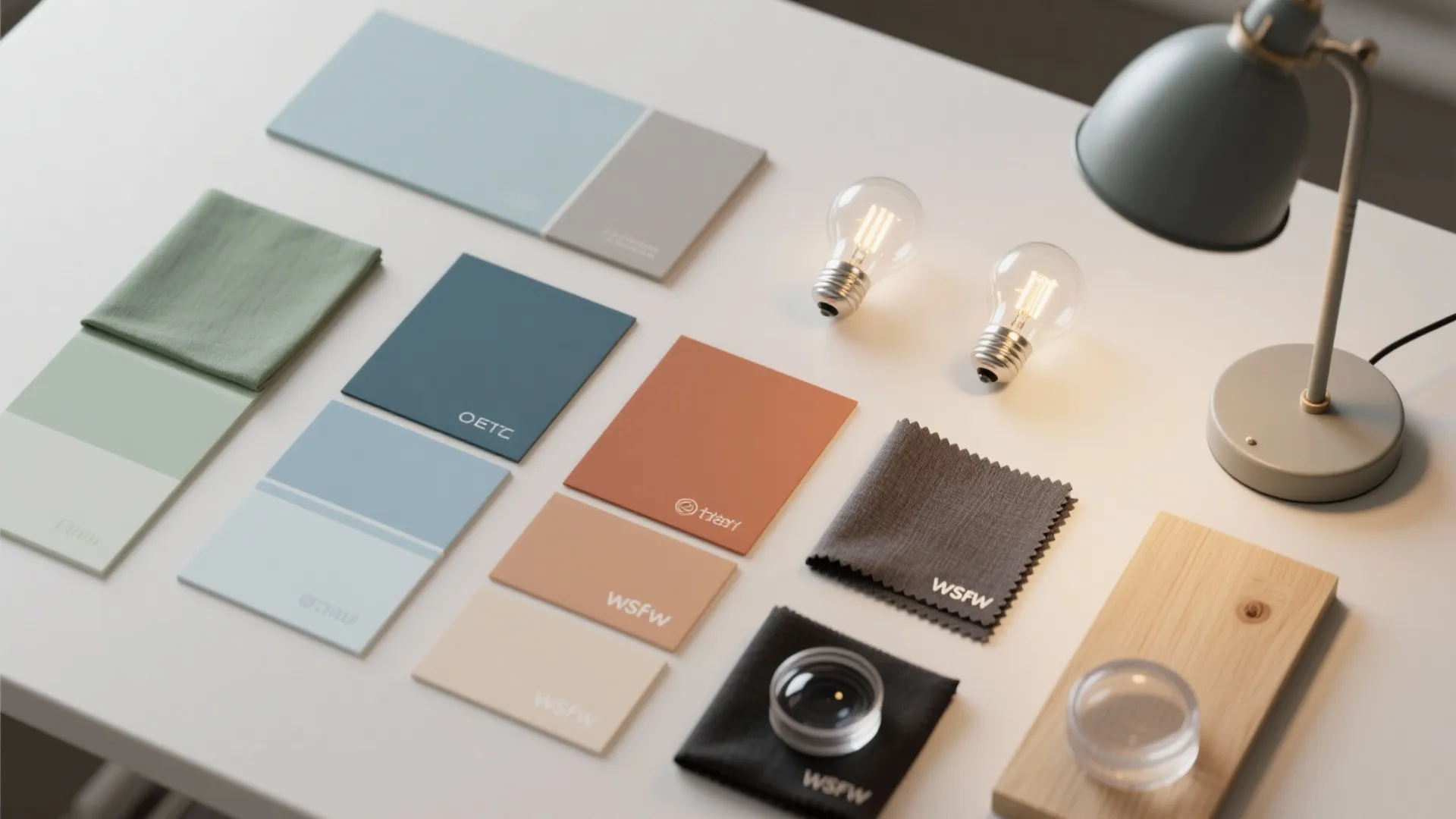 Design mood board on desk with colorful paint cards fabric samples light bulbs and wood piece
