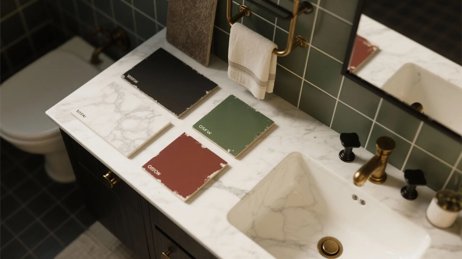 Flat lay of witch bathroom colors and materials: charcoal, forest green, oxblood, warm off-white, tile, quartz, brass, and matte black hardware.