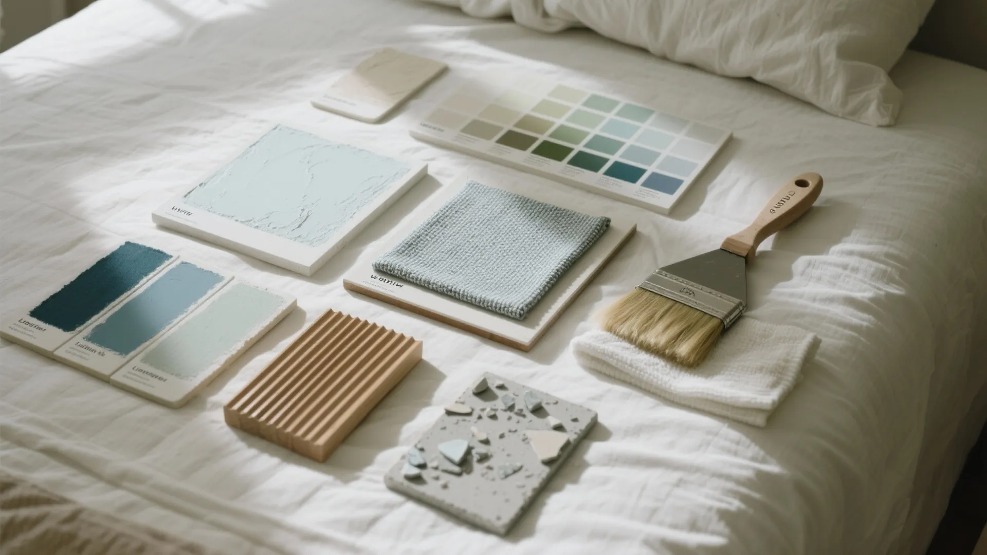 Interior design material board with green color samples a paintbrush fabric and various texture blocks