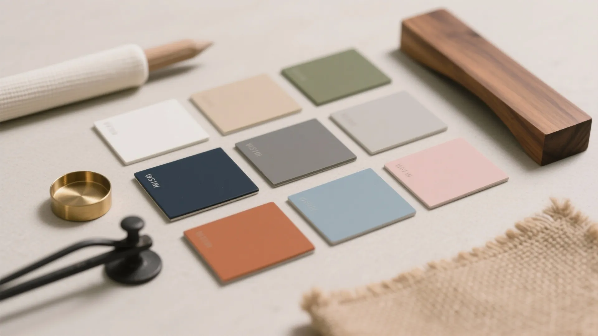 Interior design color samples arranged in a grid with wood block pen and fabric material textures
