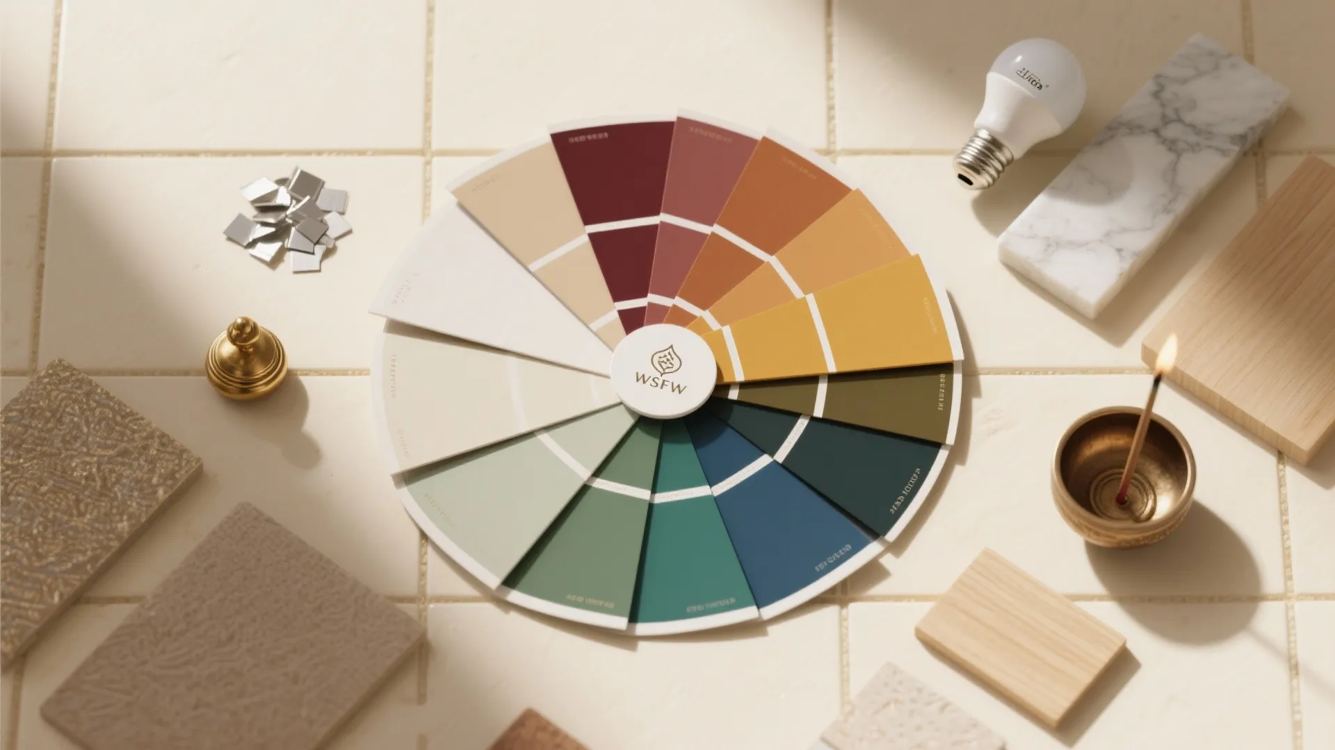 Colorful circular paint palette on white tiles with light bulb marble slab and various wood