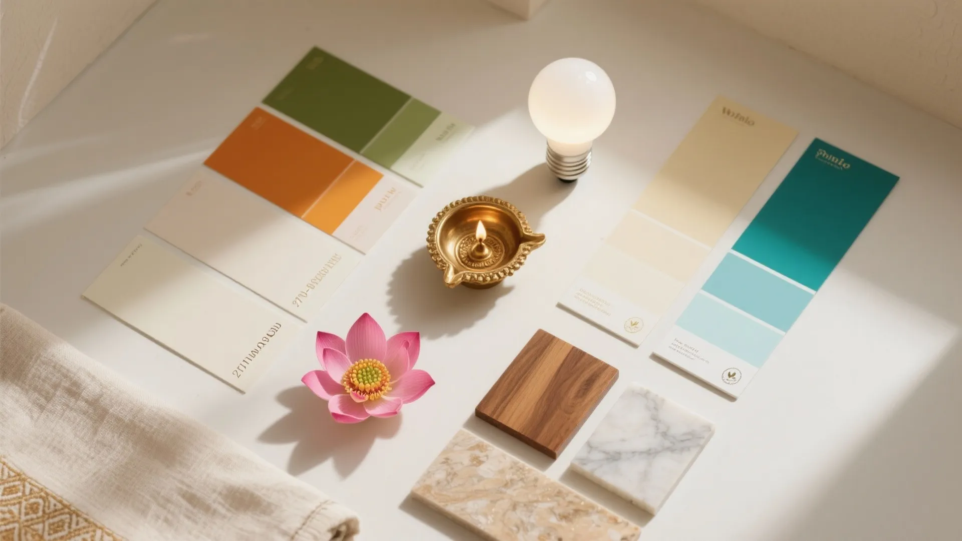 Interior design mood board with color cards pink flower wood samples and light bulb on table