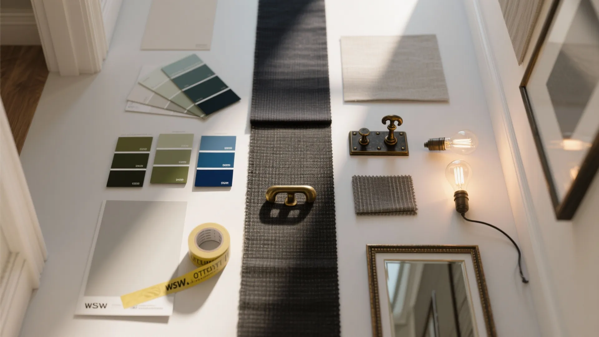 Top-down flatlay of paint swatches, accent chips, fabric samples, hardware, bulbs, and masking tape for hallway planning.