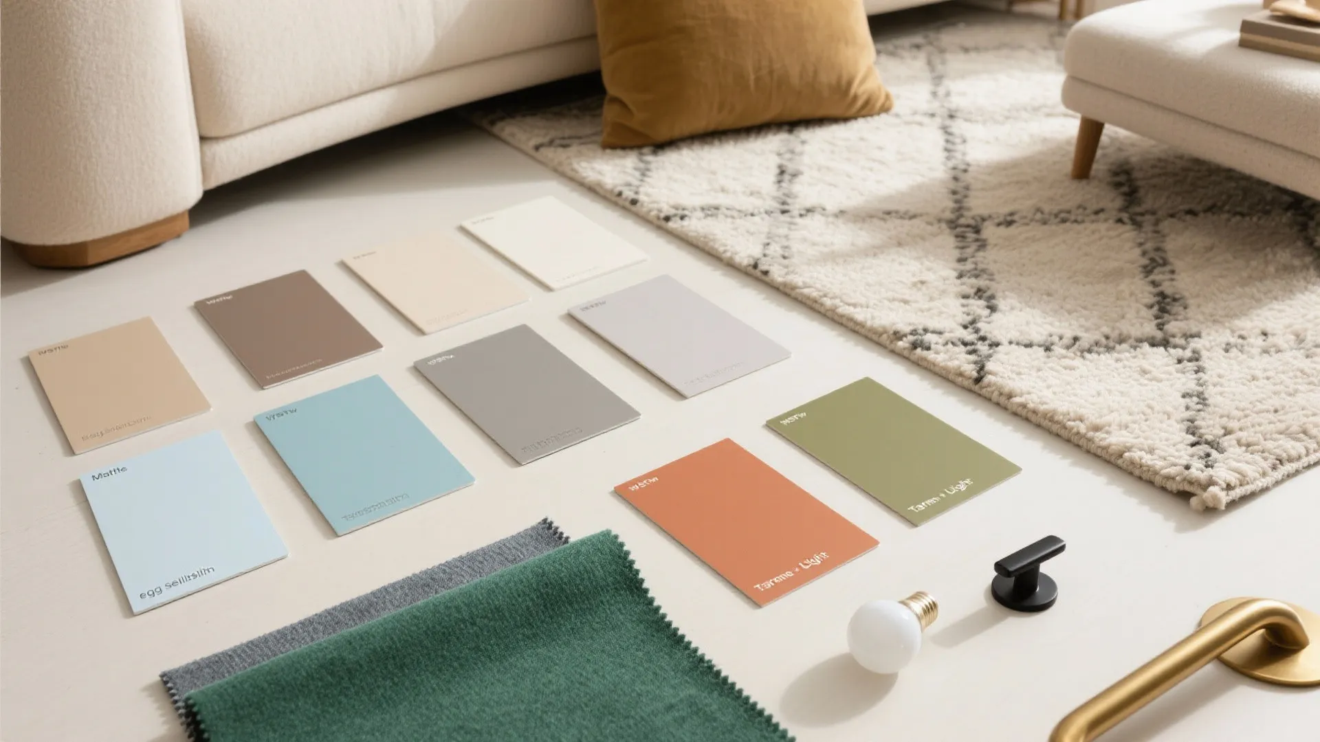 Flat lay of neutral chips, olive and terracotta swatches, pastel blues, finish cards, bulbs, rug, and metal accents.