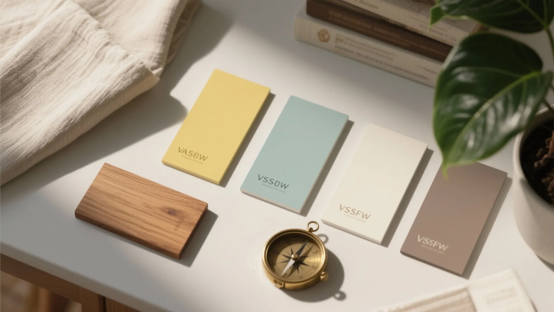Interior design color palette samples with wood piece gold compass books and a green plant