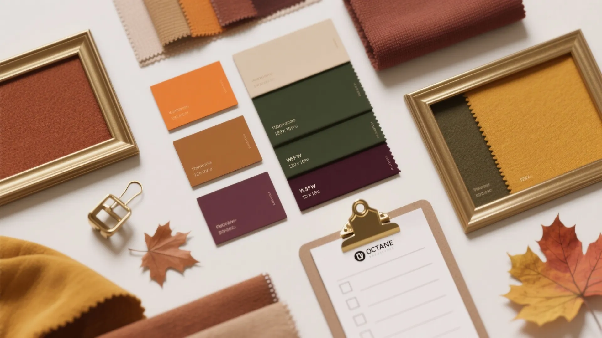 Flatlay of fall color swatches and small decor items illustrating palette choices and tips.