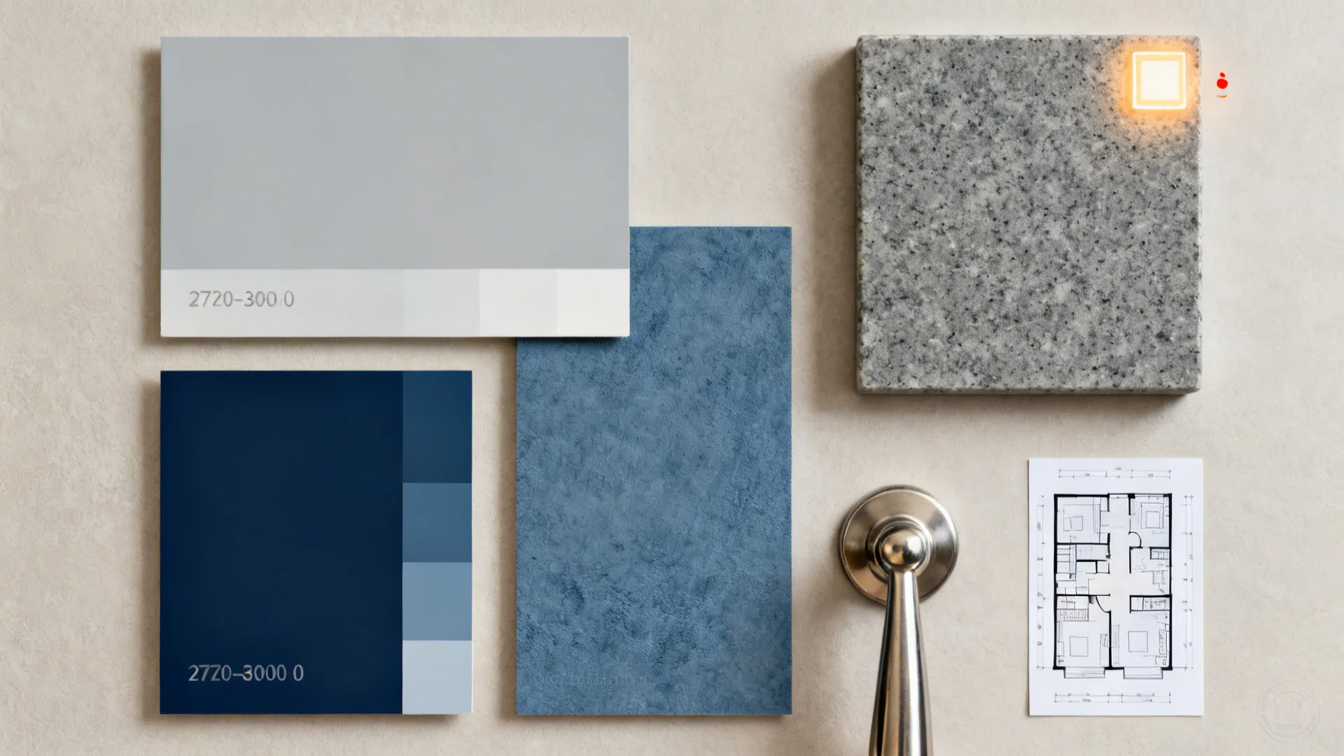 Flat lay of grey and blue paint swatches, quartz sample, warm LED reference, and hardware.