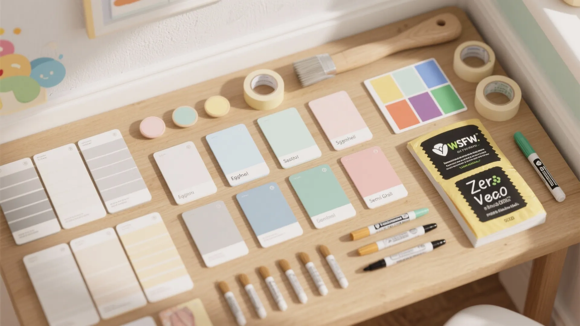 A collection of colorful paint cards markers tape and a brush on a wooden table