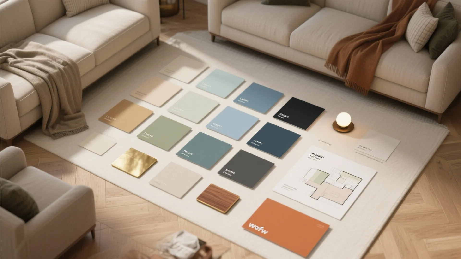 Interior design mood board with colorful floor tiles and a floor plan on the rug