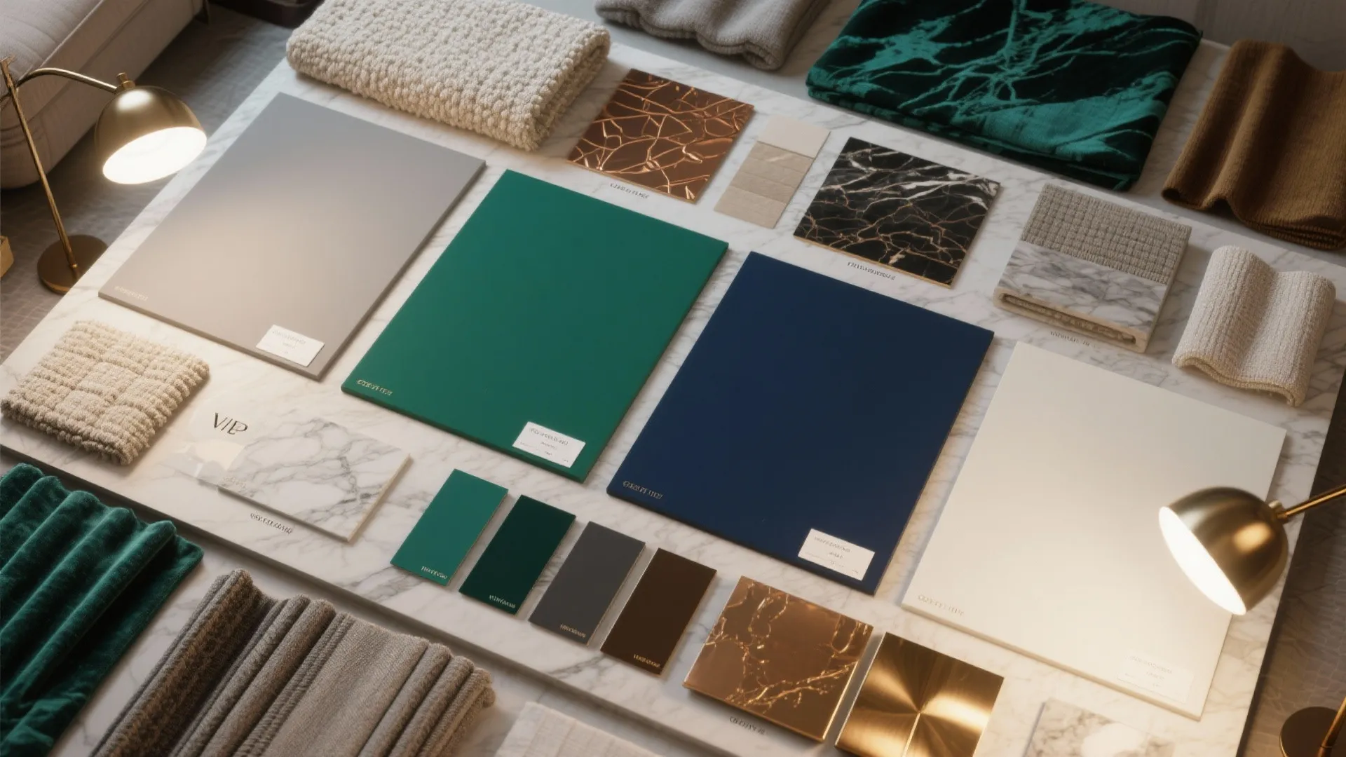 Interior design mood board with colorful material samples fabric swatches and gold desk light fixtures