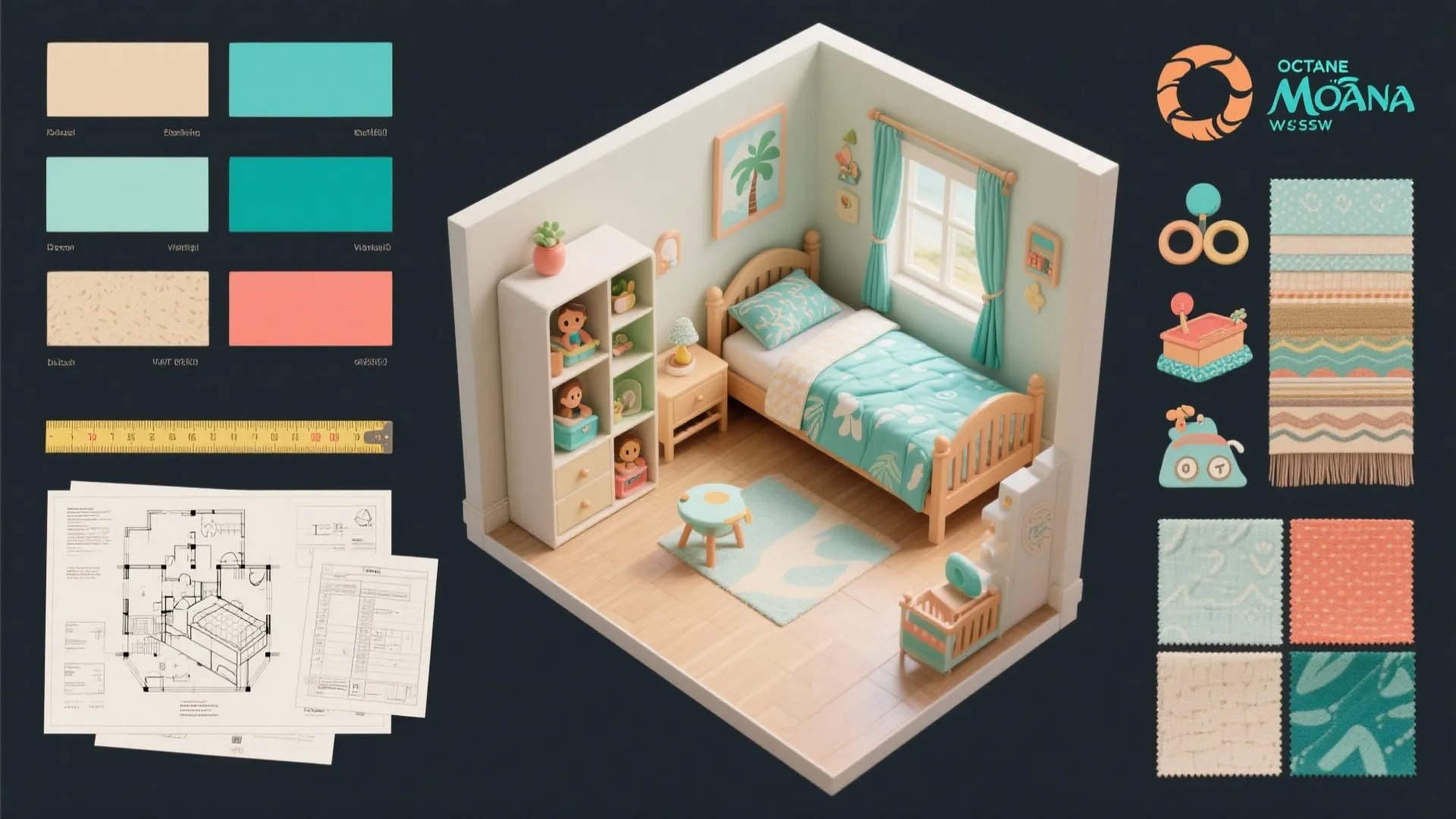 Color palette swatches and layout planning tools for a Moana-themed small bedroom.