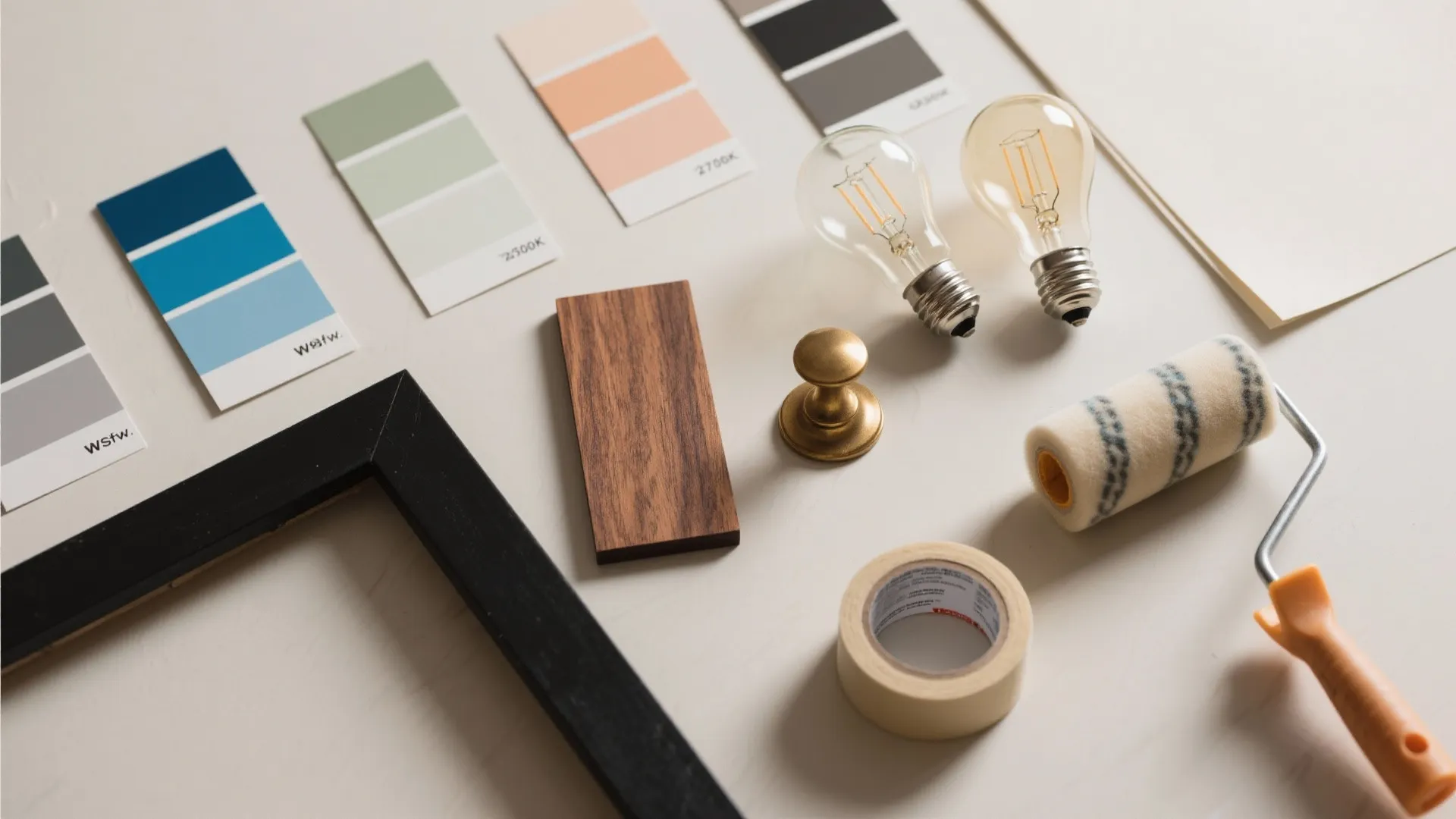Interior design materials including color paint swatches wood samples light bulbs paint roller and tape