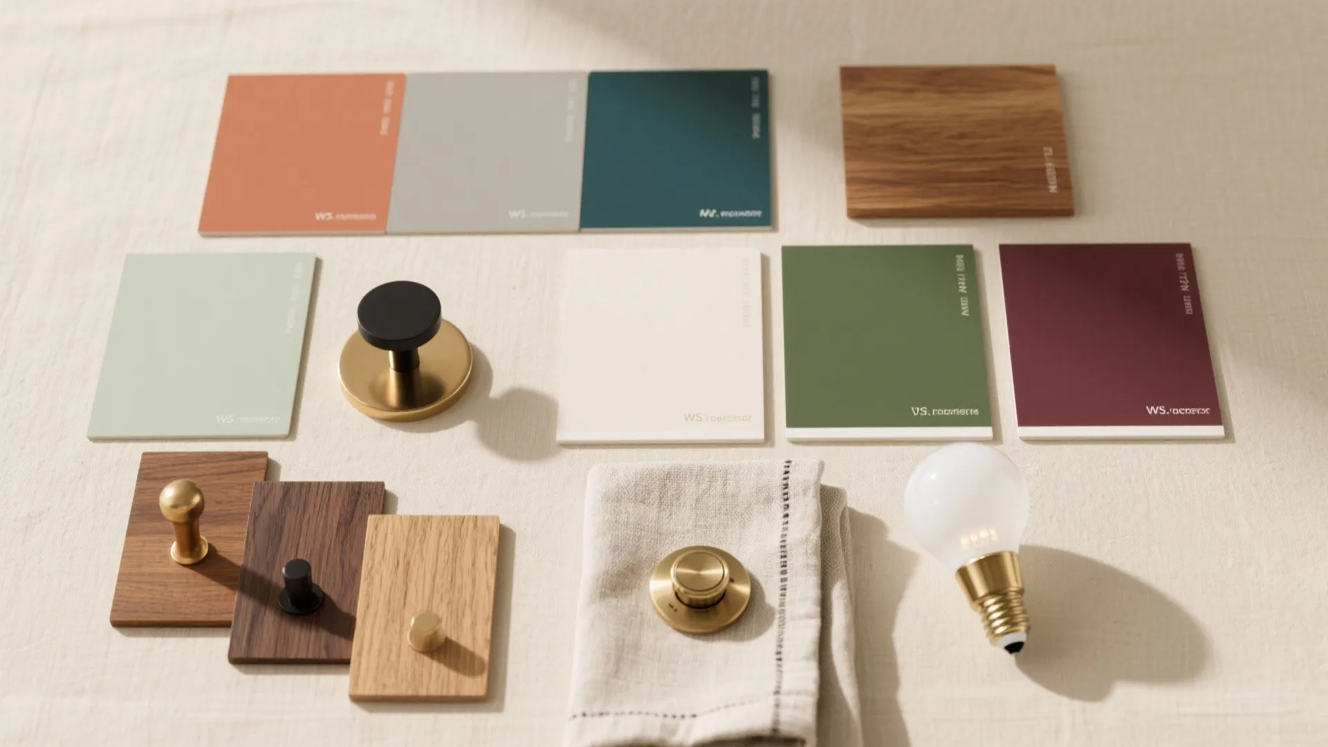 Interior design mood board with colorful paint samples wood pieces metal knobs and a light bulb