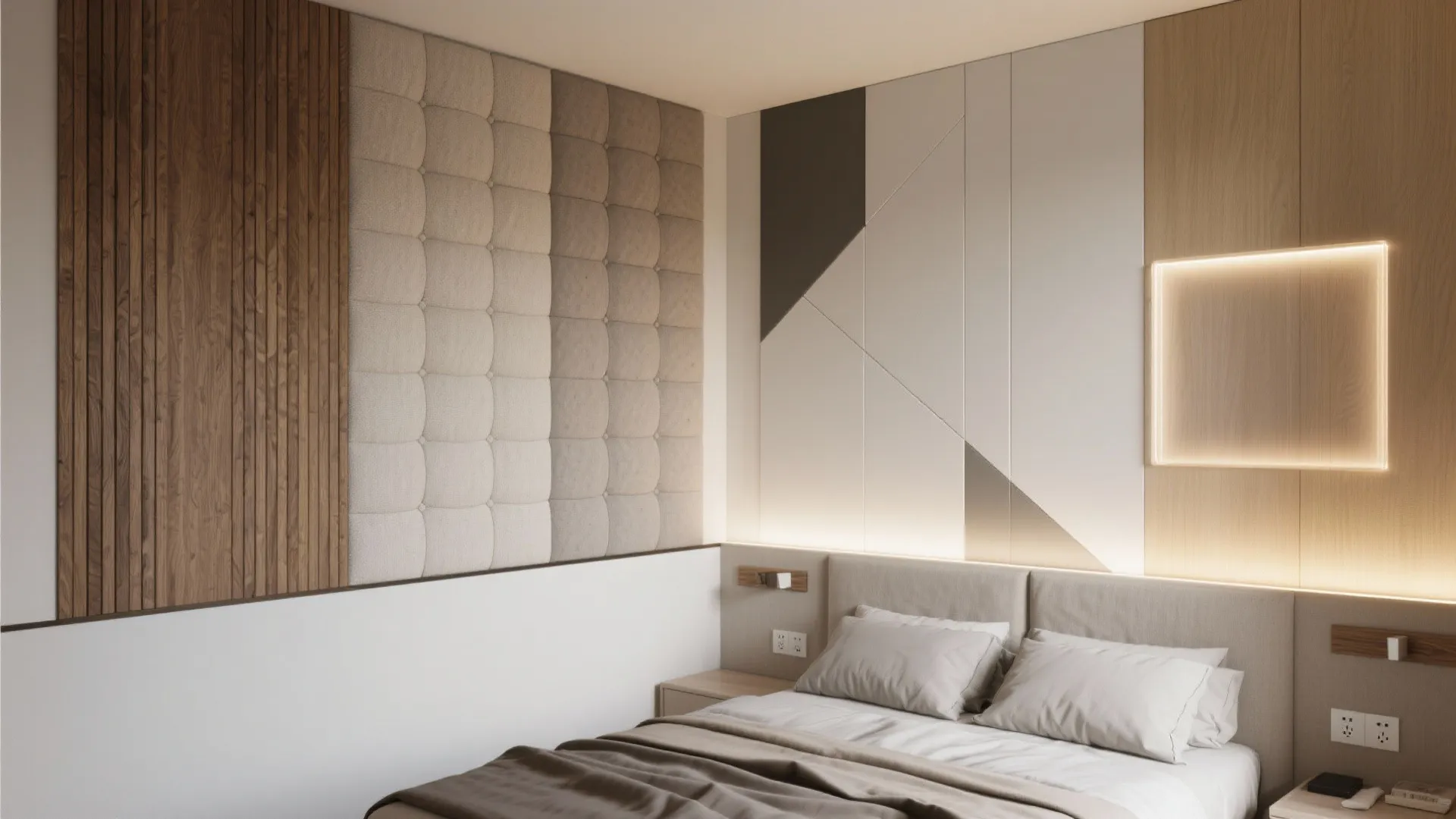 Modern bedroom with decorative wall panel design behind bed including soft fabric and wood materials