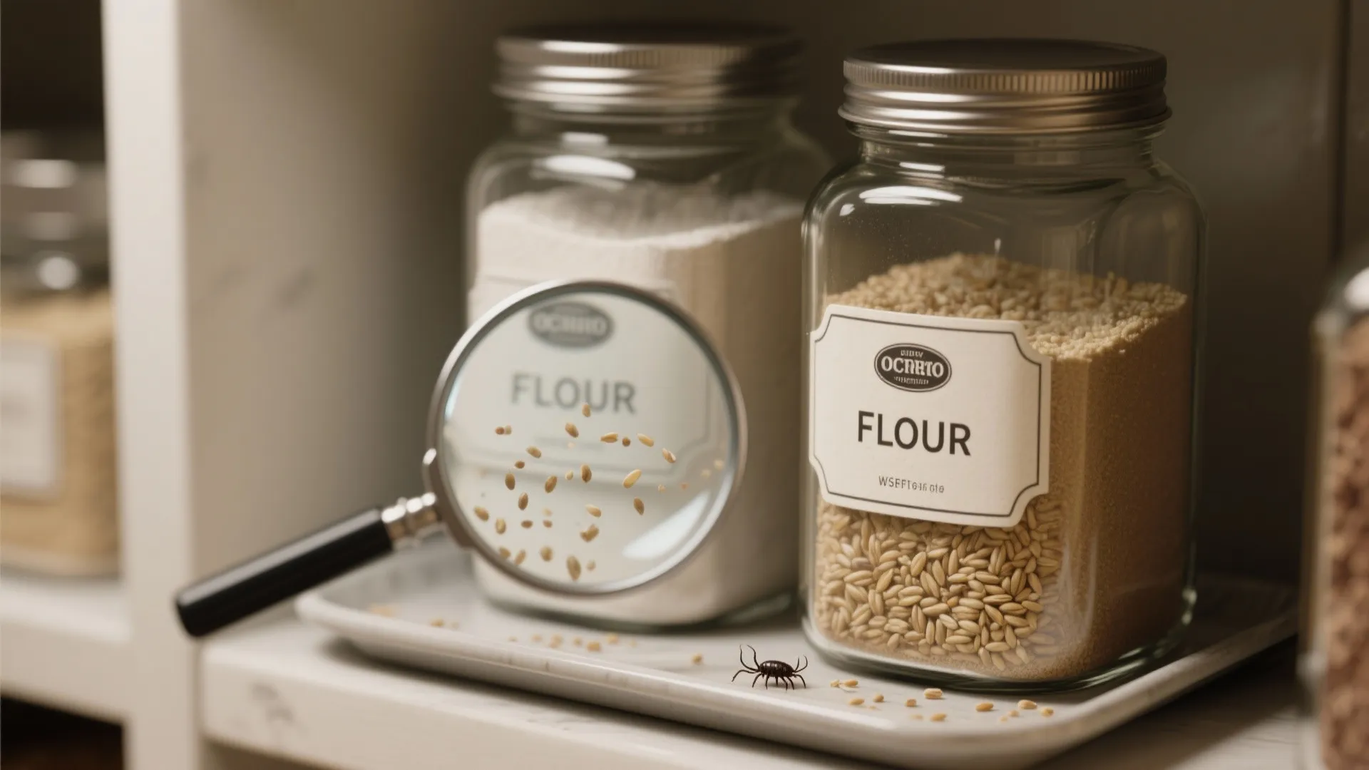 Sealed pantry jars and a magnifying glass highlighting tiny specks to illustrate mite identification and storage tips.