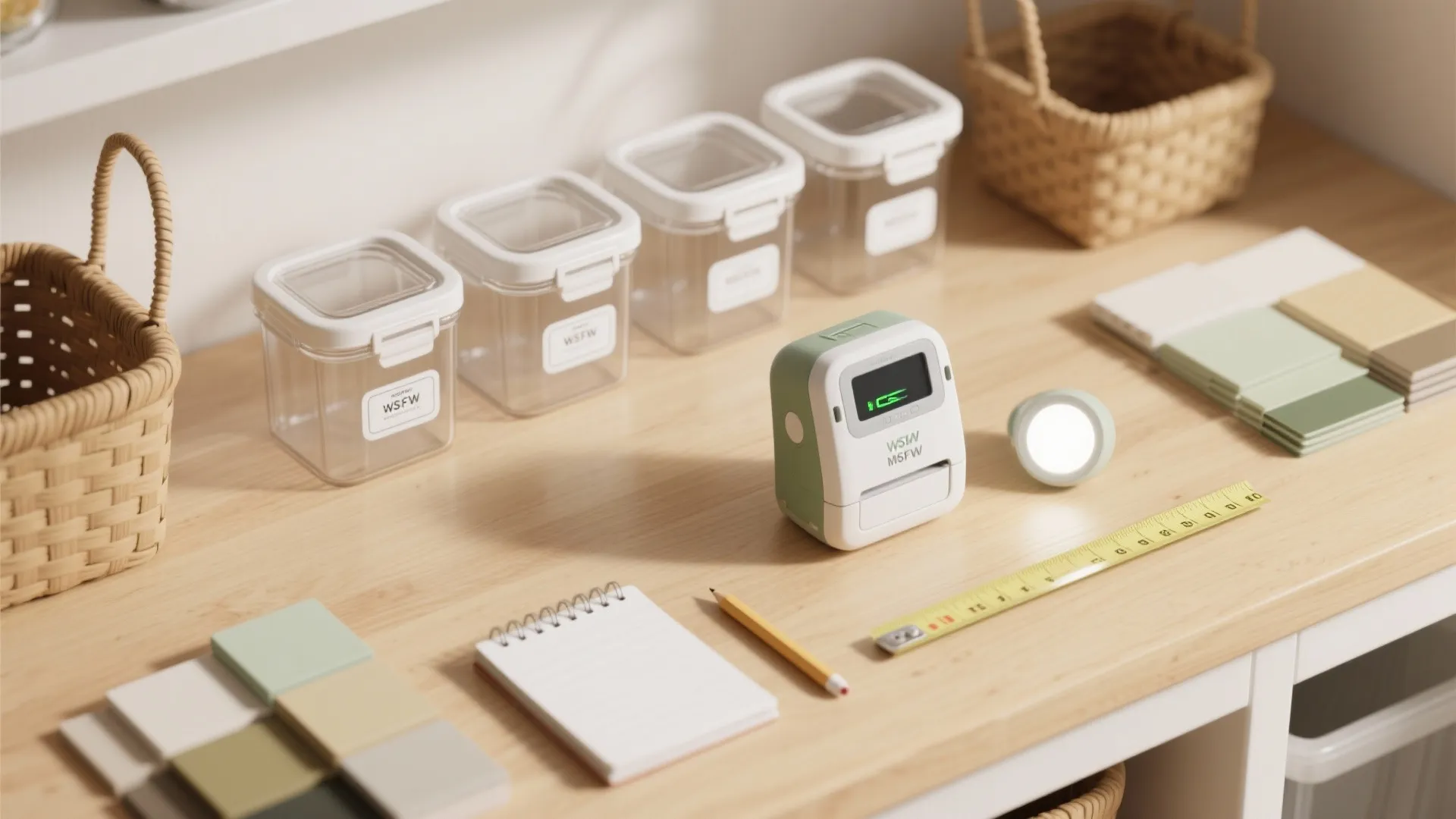 Table with label printer plastic jars notebook pencil yellow measuring tape and small woven baskets
