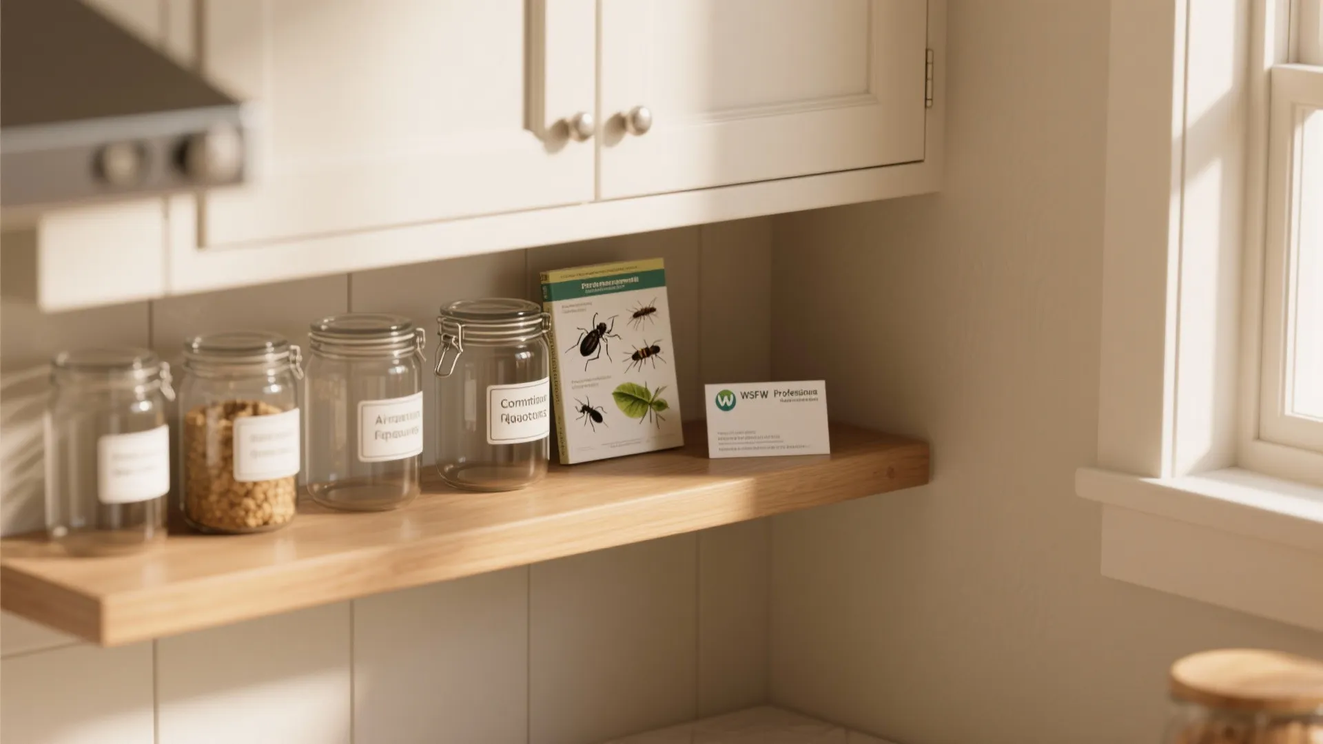 Wooden shelf under white cabinet holding glass jars a small book and a business card