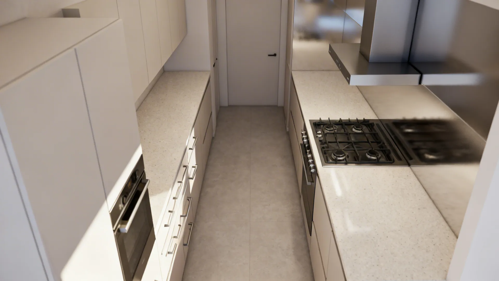 Top-down visual highlighting aisle width, chimney placement, drawers, and shallow tall units in a parallel kitchen.