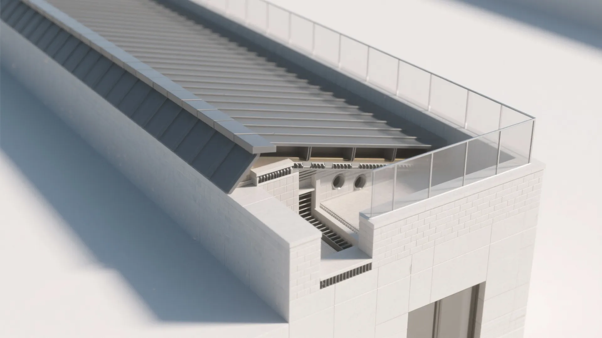 Modern white house roof design featuring a gray sloped top and a clear glass railing