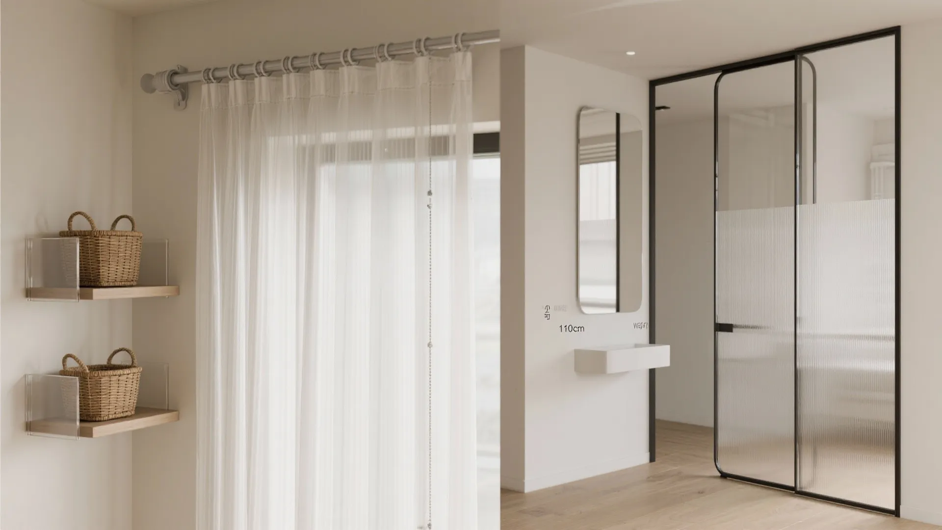 White curtain hanging on a metal rod next to a glass sliding door and shelves