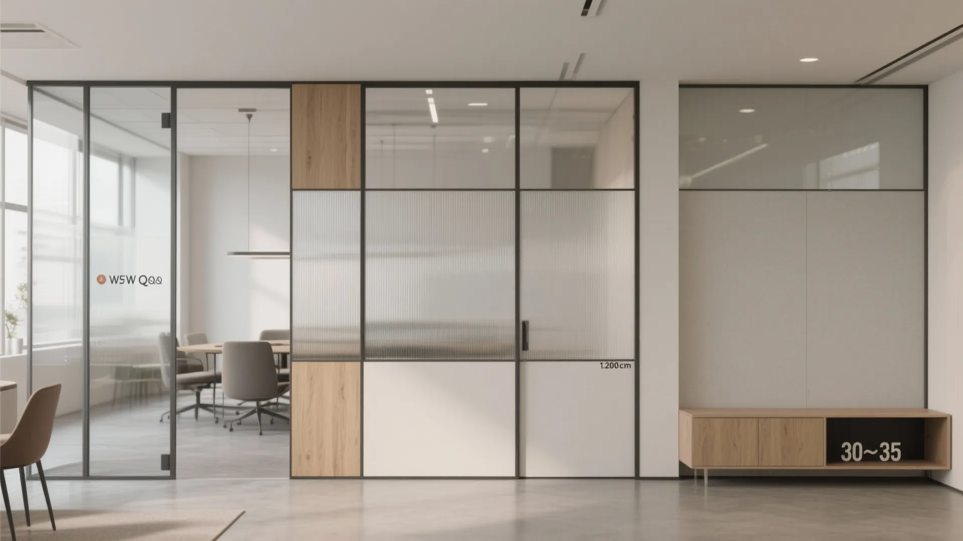 Glass and wood wall panel partition separating an office meeting room from the hallway area