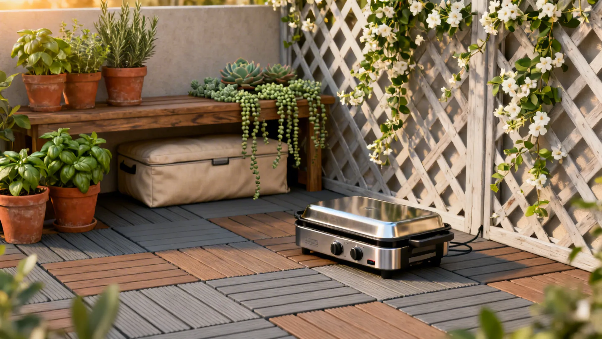 Collection of practical small-patio items like herbs, lattice privacy screen, deck tile sample and a compact grill.