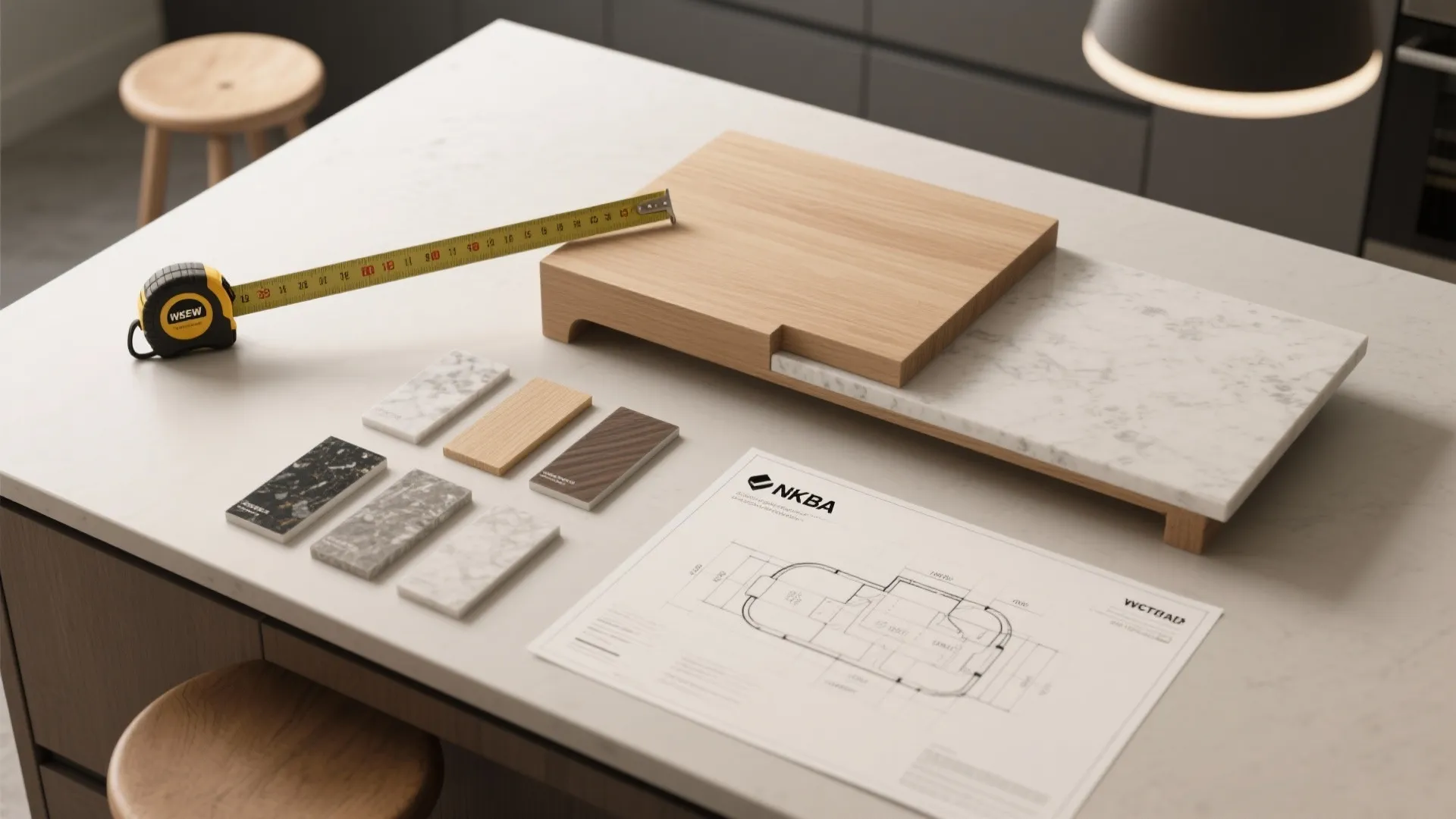 Kitchen counter with yellow tape measure wood and marble samples plus a floor plan paper