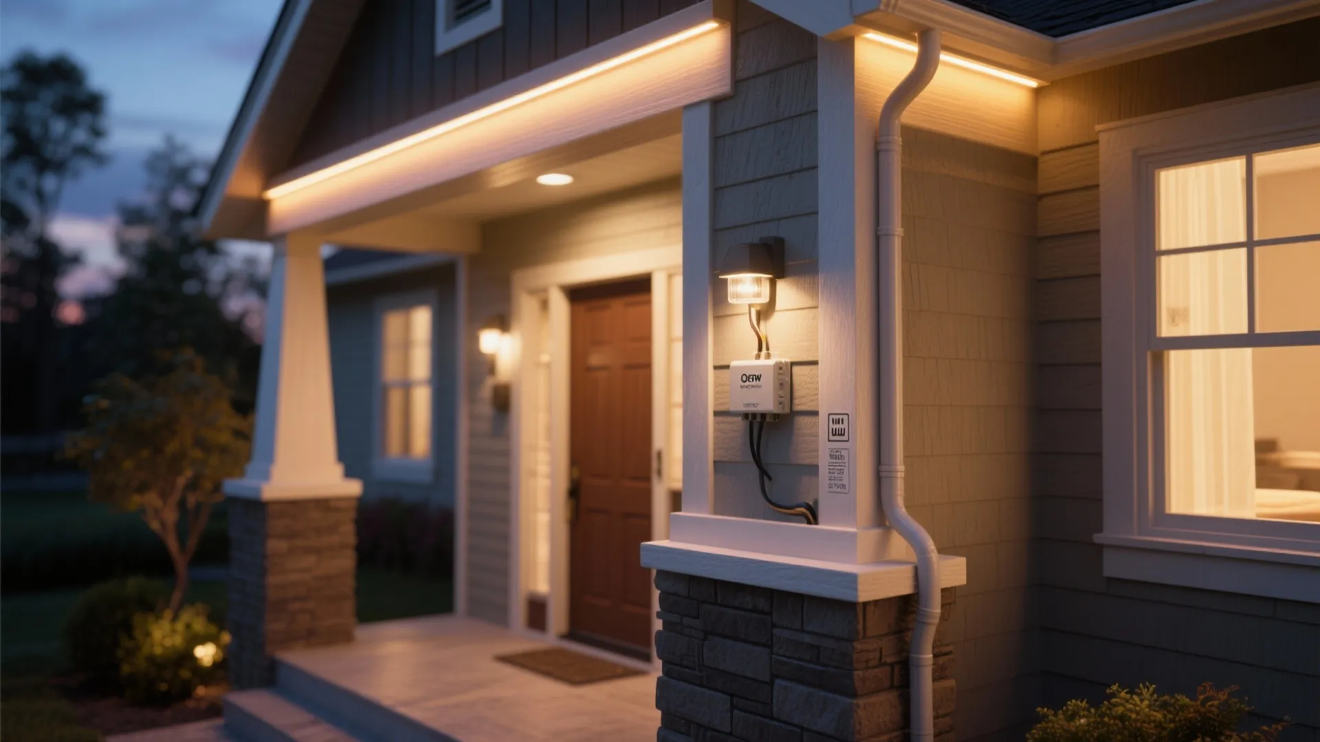 External wall light and roof lights installed on a house porch with a wooden door