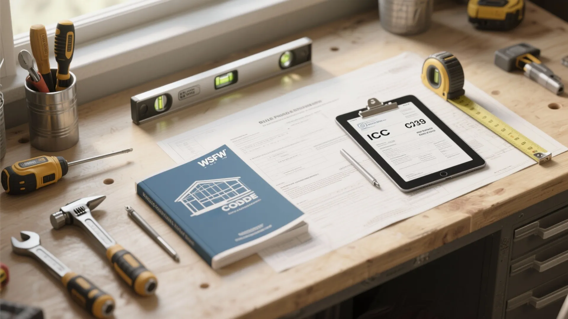 Workbench with tools building plans a blue code book and a tablet displaying permit documents