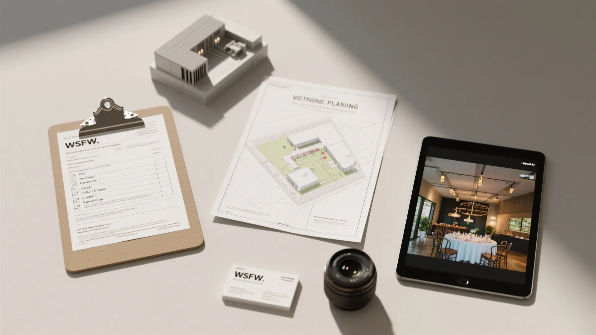 Top-down flatlay of permit forms, a site plan, and a checklist for planning a small event space.