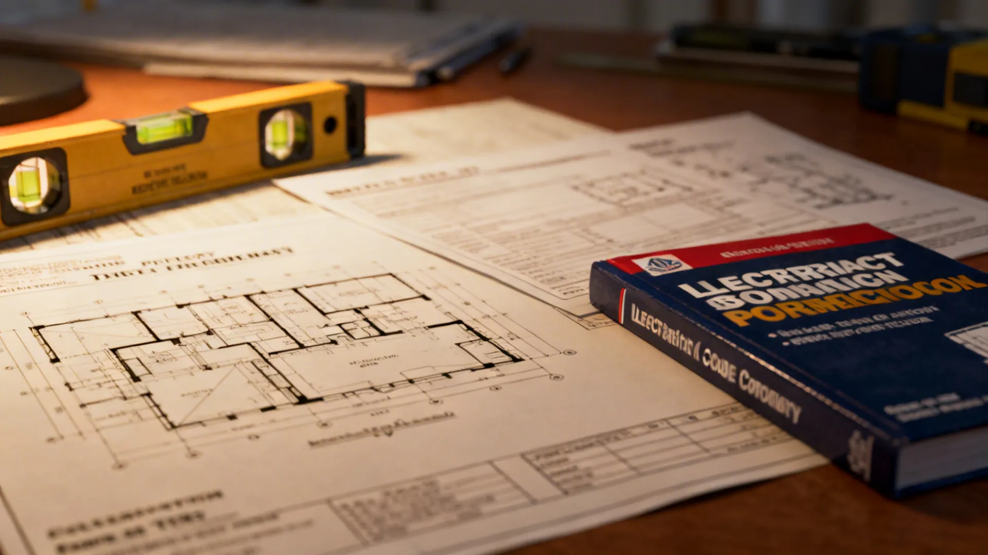 Interior design drawings on a wooden desk with a yellow level tool and blue book