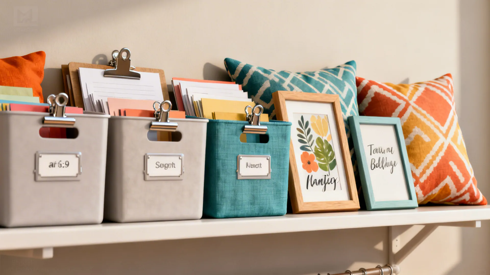 Budget-friendly personalization items like labeled bins, clip frames, and throw pillows for a shared room.