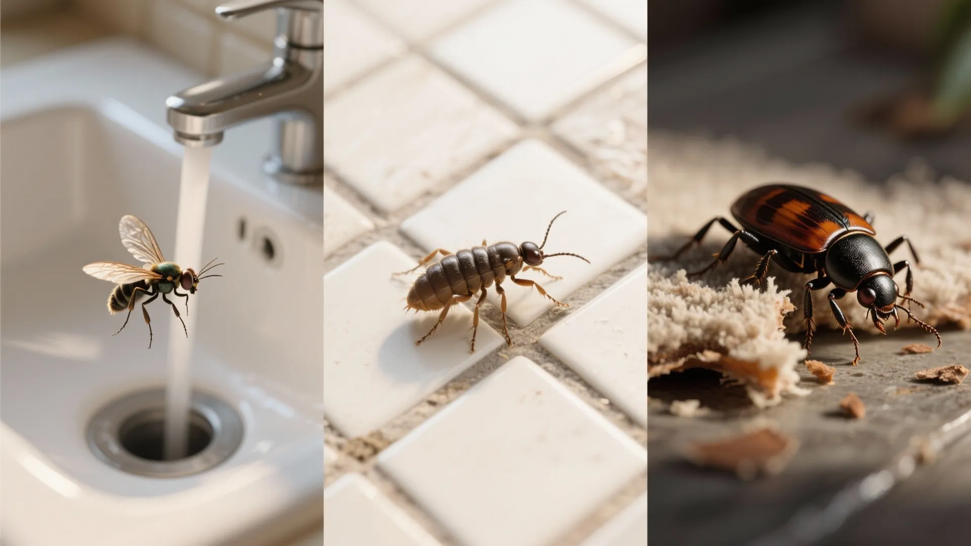 Collage close-ups identifying drain flies, springtails, and carpet beetle fragments in a bathroom