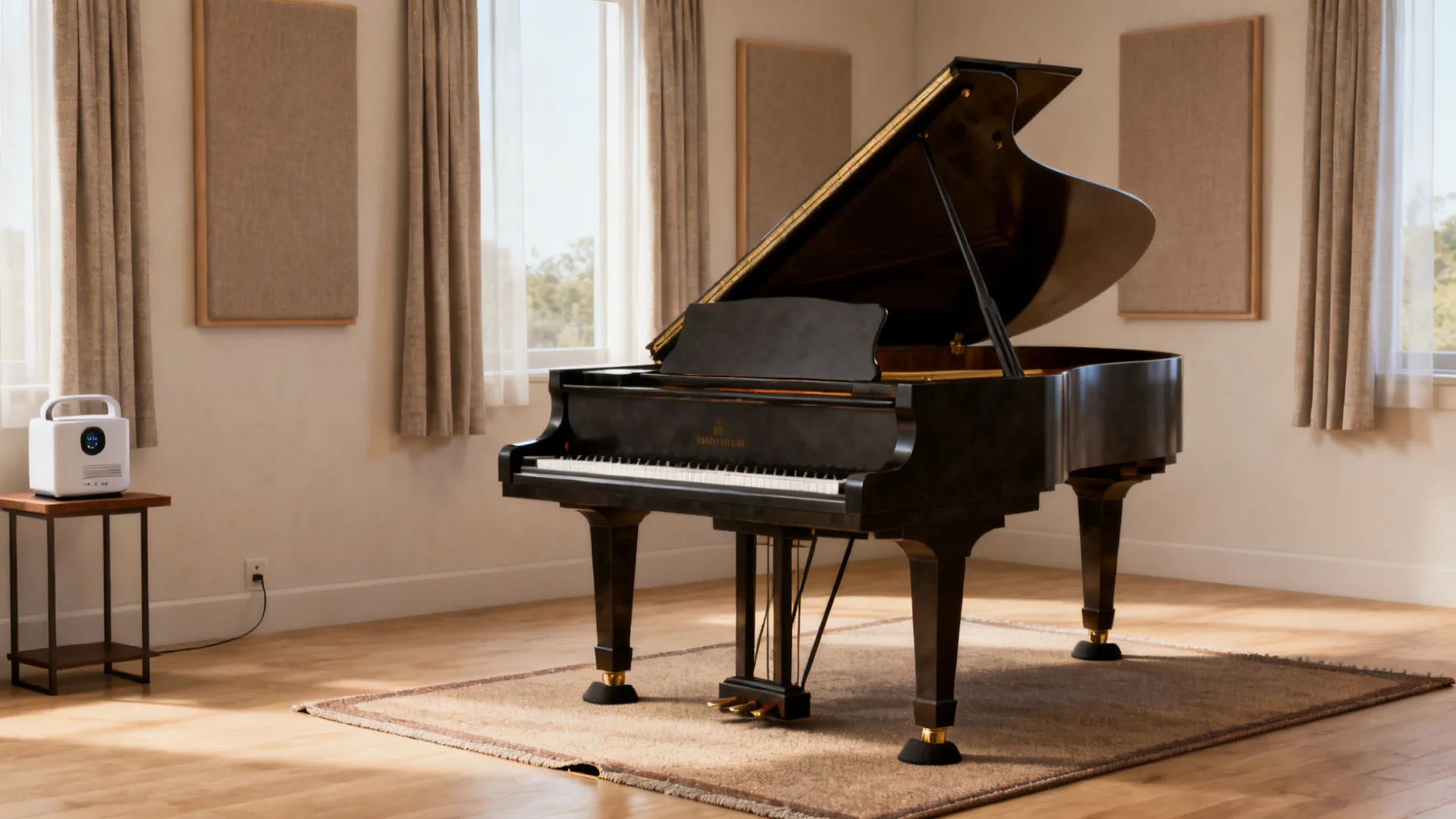 Baby grand with felt pads, gap from exterior wall, curtains and acoustic panels illustrating piano care tips